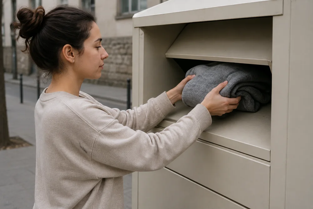 A woman placing folded bedding into a textile collection bin