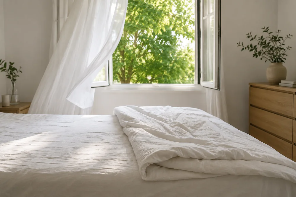 A pillow airing on a bed by an open window, cover removed