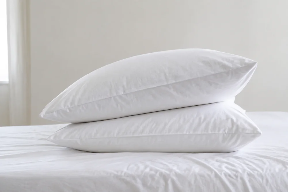 Two flat white pillows stacked on a made bed