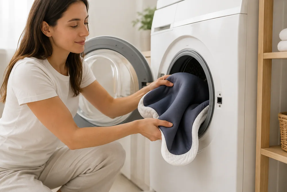 The zip-off cover going into a front-loading washing machine