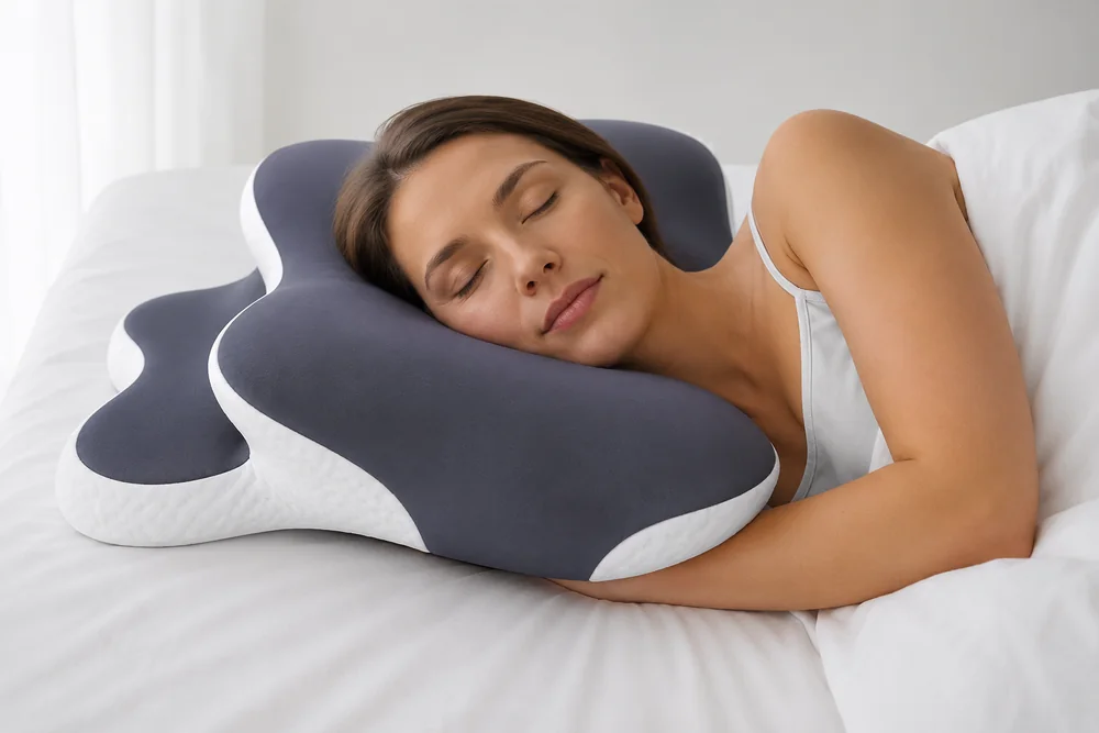 A woman asleep on her side with one hand under the pillow