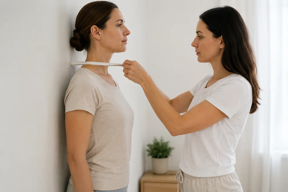 One woman measuring another’s shoulder width against a wall