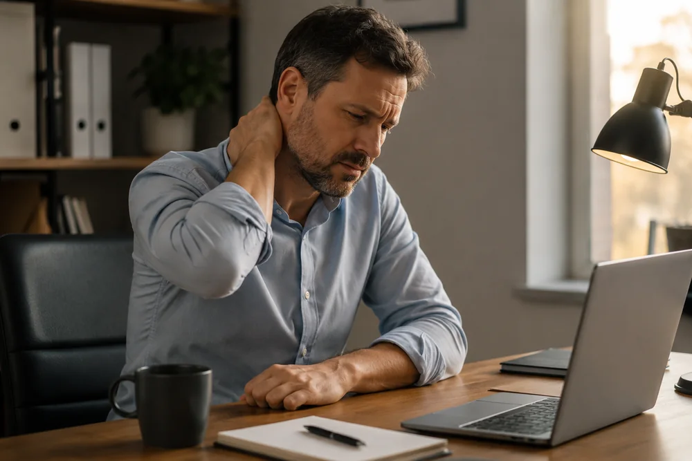 A man at a desk holding the back of his neck in front of a laptop