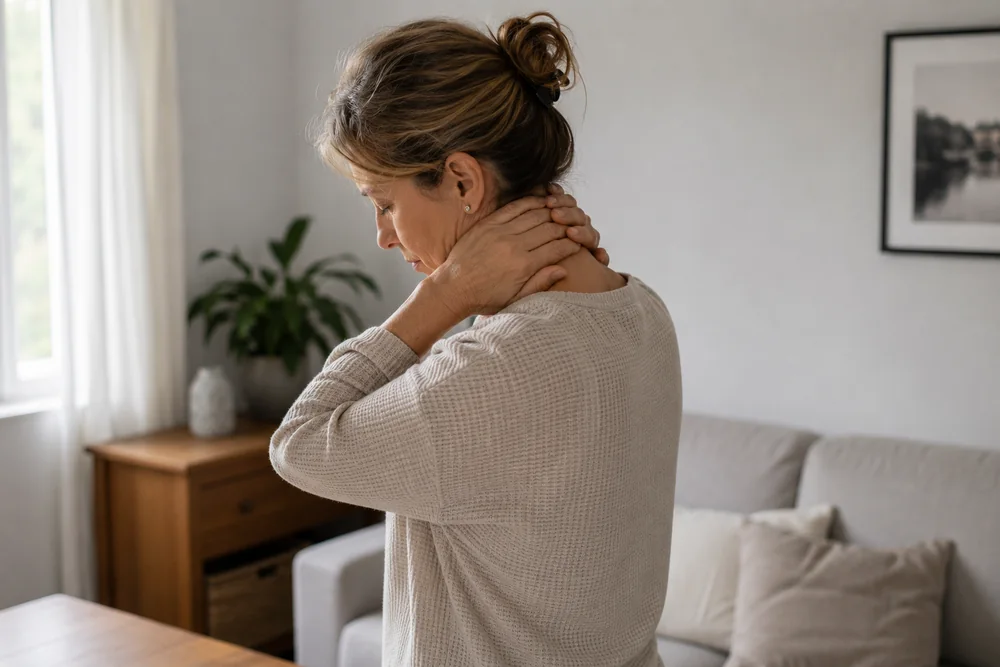 A woman standing with her hand pressed to the back of her neck