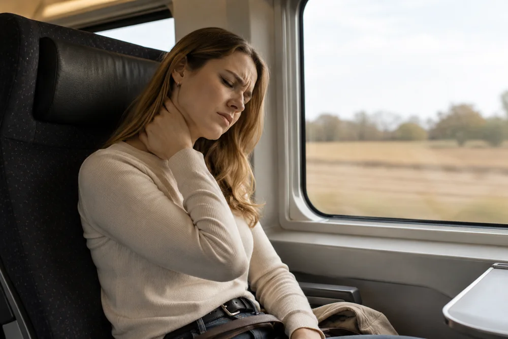 A woman holding her neck in a train seat