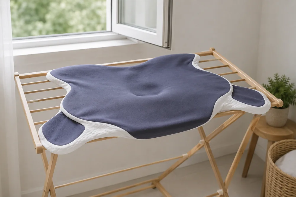The cover drying flat on a rack in front of a window