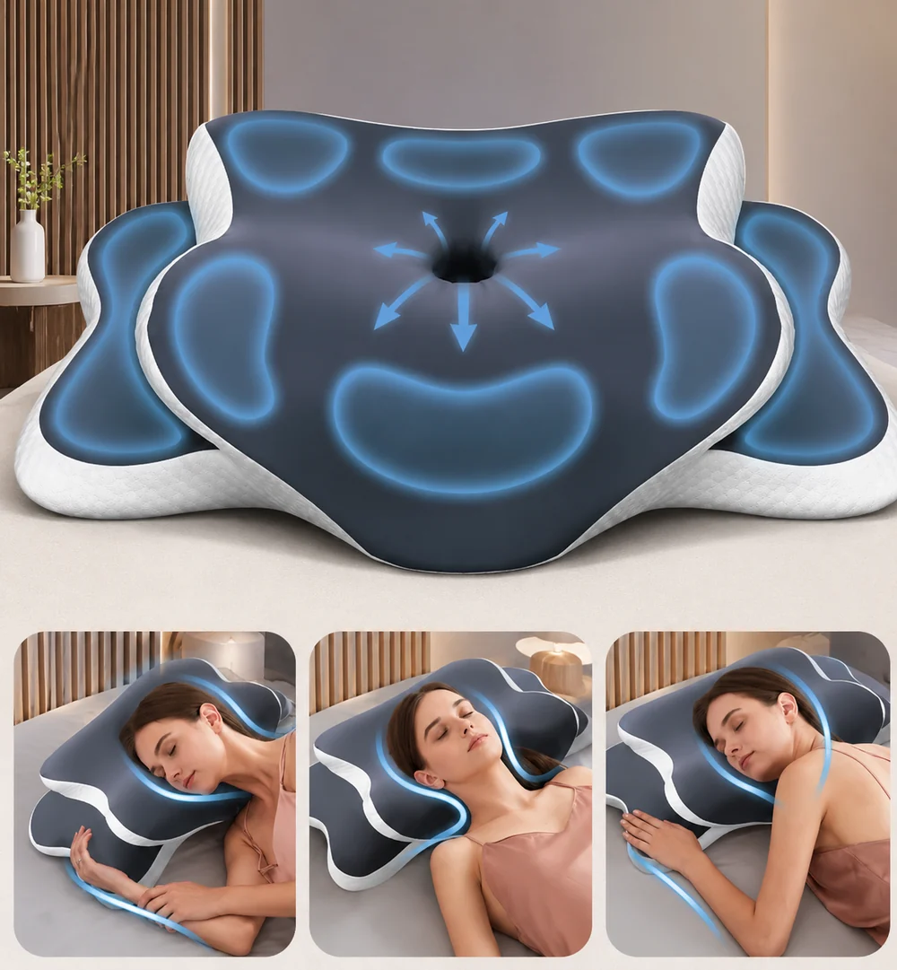 The support zones of the Cradleform pillow and its three sleeping positions