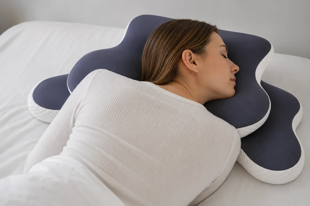 A side sleeper in profile, head level with the shoulders