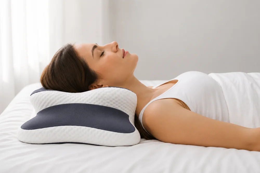 A back sleeper: the neck rests on the raised roll and the head settles into the hollow behind it