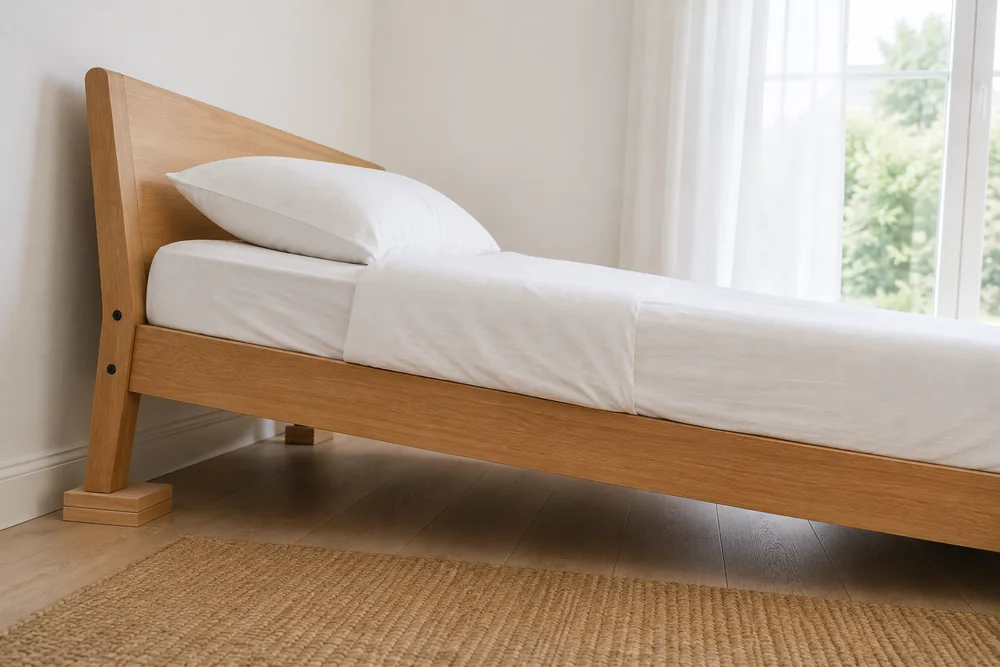 A wooden bed frame with the pillow at the head end