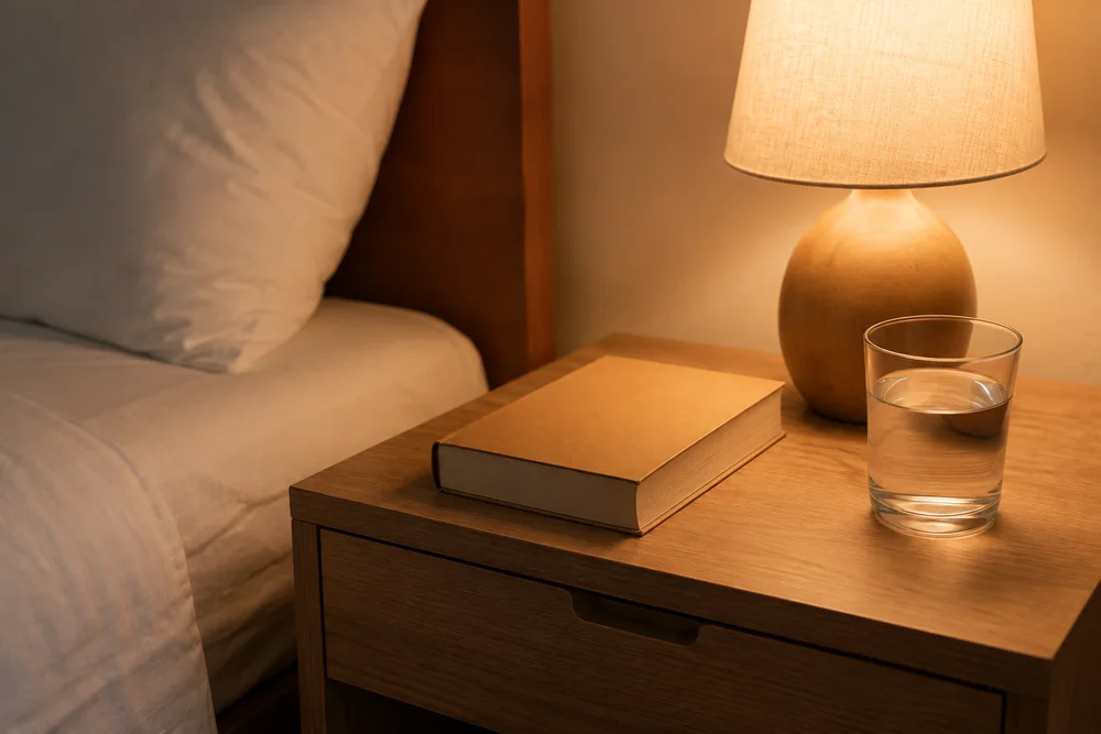 A wooden bedside table with a lit lamp, a book and a glass of water