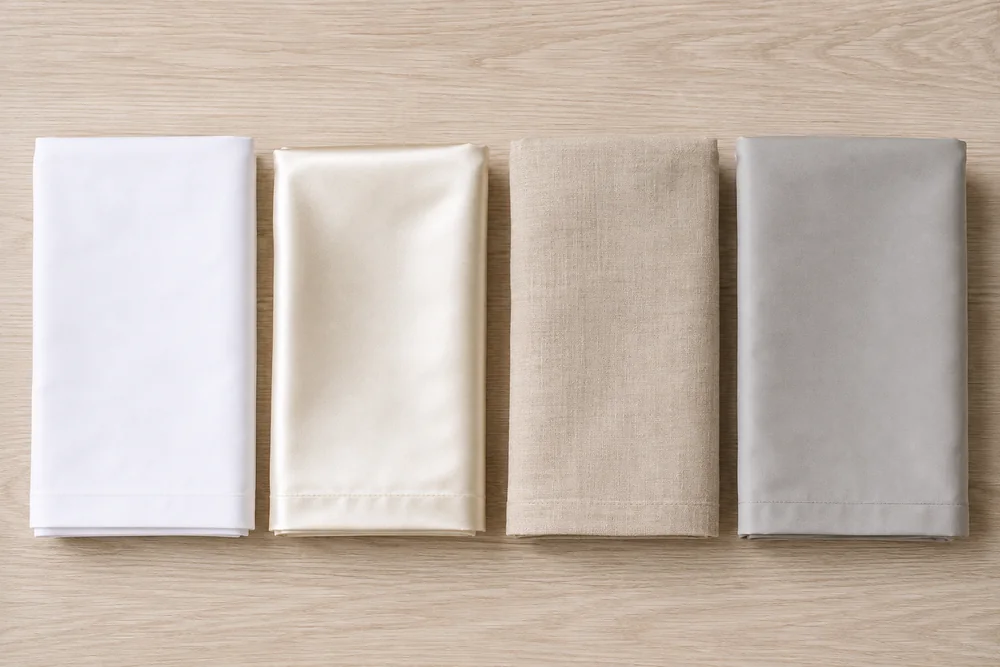Four folded pillowcases in different fabrics, side by side