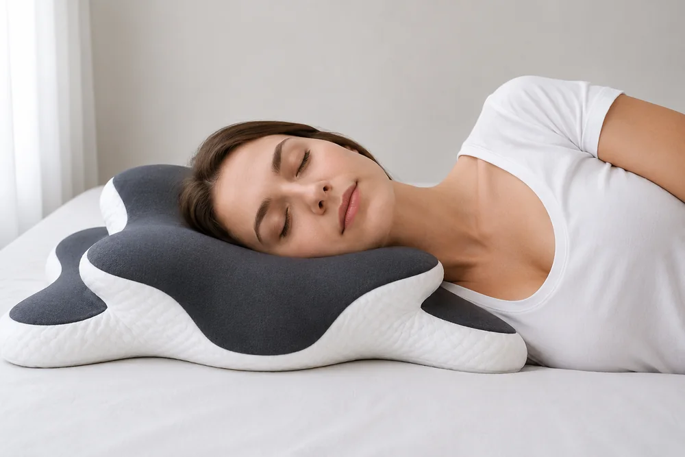 Head-on view at mattress level: nose, chin and collarbones in line on the pillow