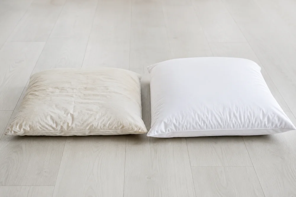 A yellowed old pillow lying next to a clean white one