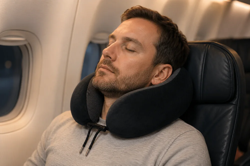 A man asleep in an aircraft seat wearing the travel pillow