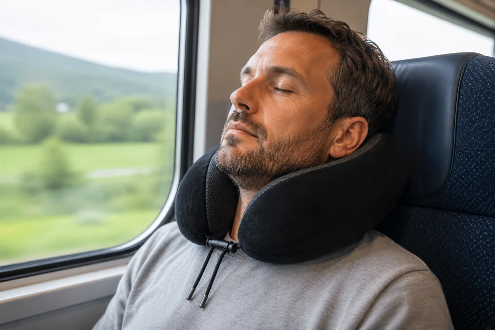 A man asleep against a train seat wearing the travel pillow