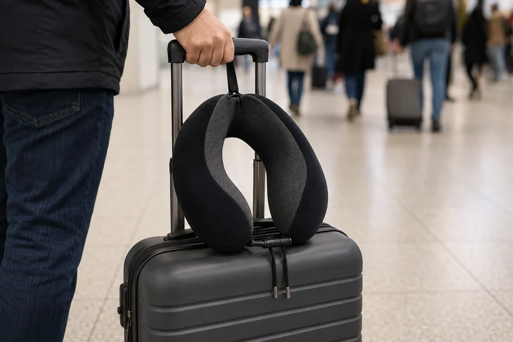 The travel pillow clipped to the handle of a cabin suitcase